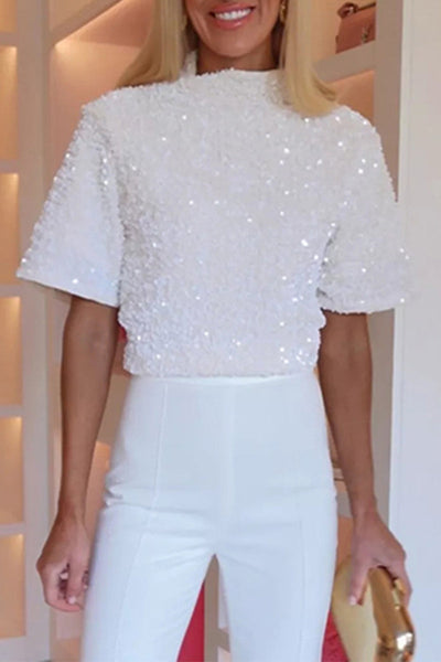 Heidi-Mode | Lässige Pailletten Pailletten O-Ausschnitt T-Shirts