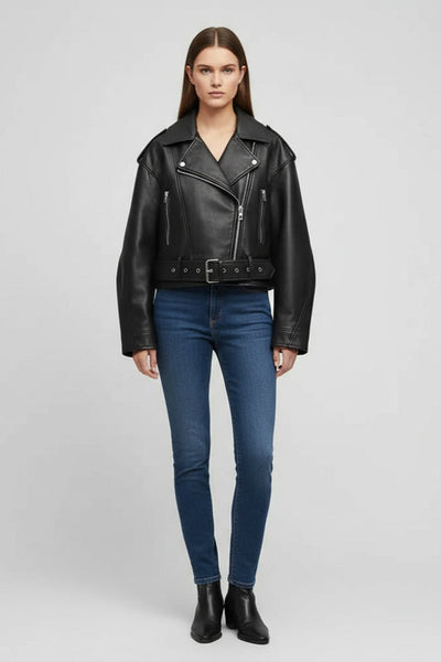Zira | Damen Lederjacke Kurz Biker Stil Mit Gürtel