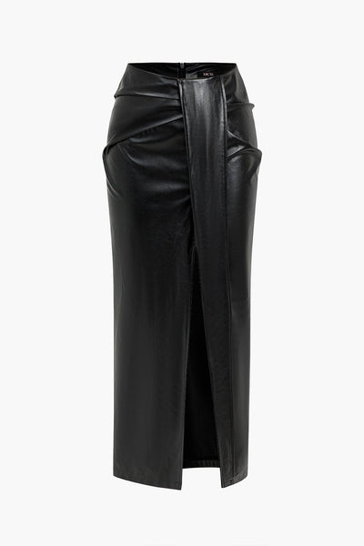 Dorle | Eleganter Kunstleder-Midirock mit Wickeloptik und hohem Schlitz