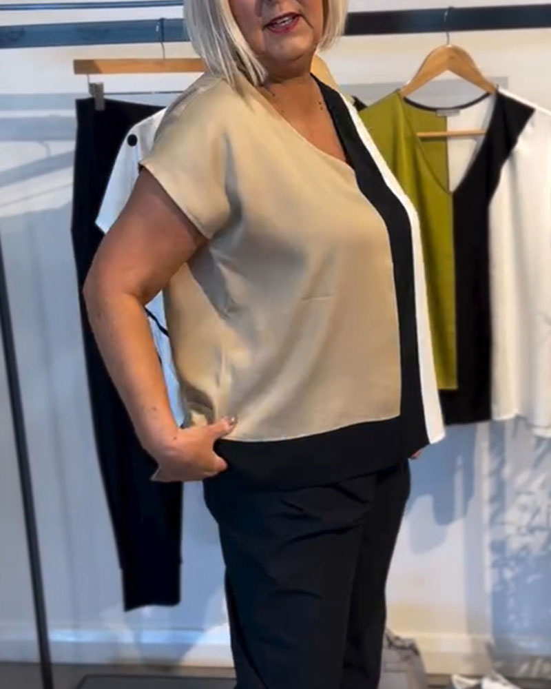 T-Shirt V-Ausschnitt Kontrastfarbe Mode