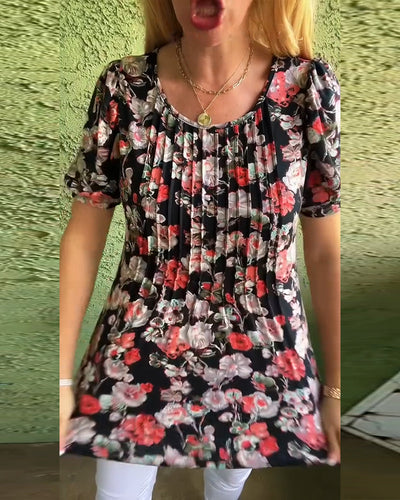 Bluse Rundhals Puffärmel Plissiert Blumenmuster