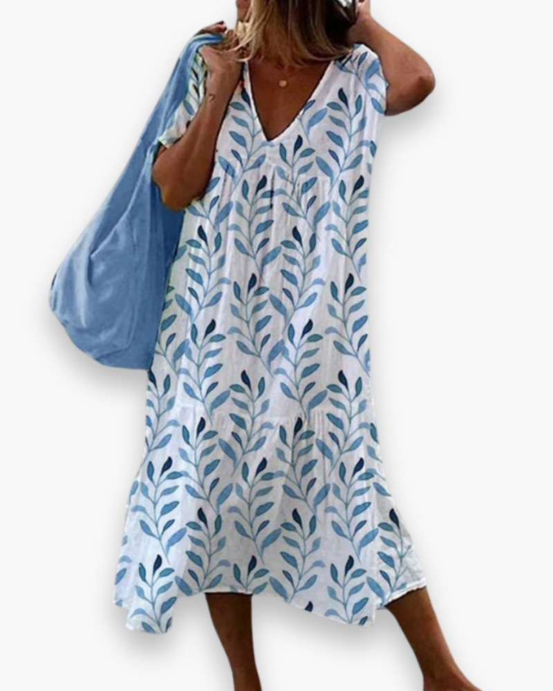 Damen Elegantes V-Ausschnitt Kleid | Festliches Blätterdruck Kleid