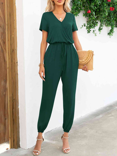 Heidi-Mode | Kurzarm V-Ausschnitt Jumpsuit mit Taschen