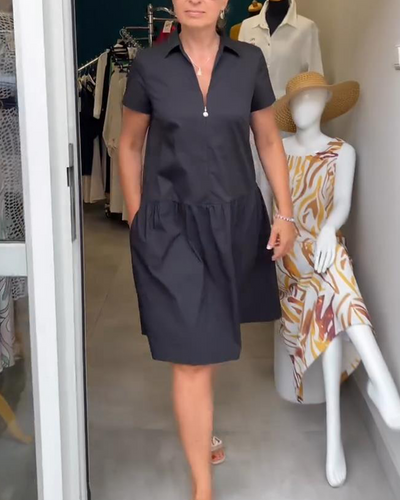 Kleid Revers Halbreißverschluss Uni A-Linie