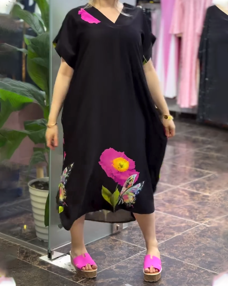 Kleid Mode V-Ausschnitt Weit Gedruckt