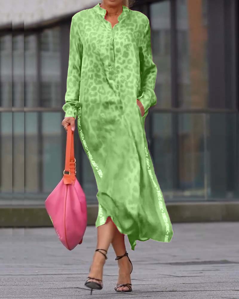 Kleid Langarm Leopardenmuster Schlitz