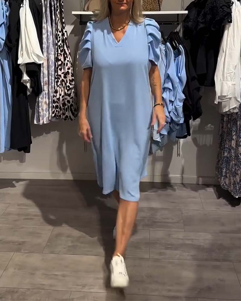 Kleid Puffärmel V-Ausschnitt Temperamentvoll