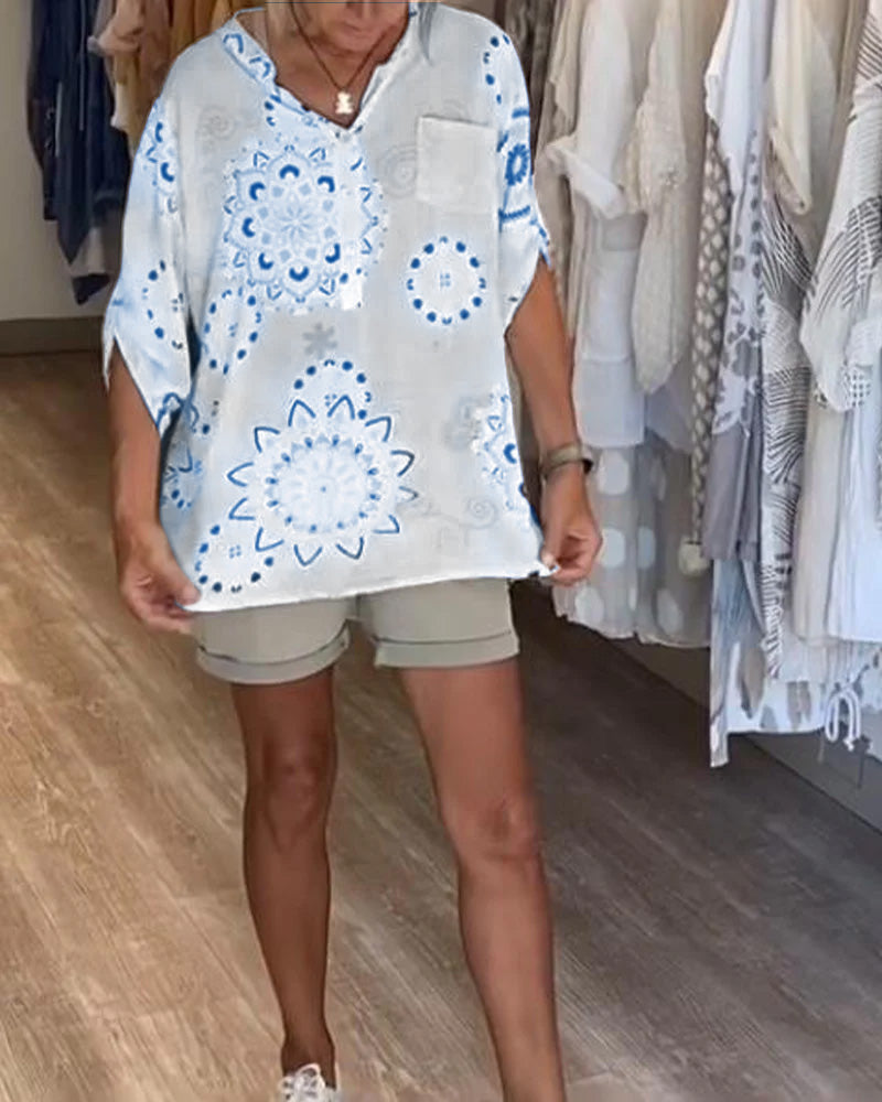 Bluse Vielseitig V-Ausschnitt Bedruckt Halbe Ärmel