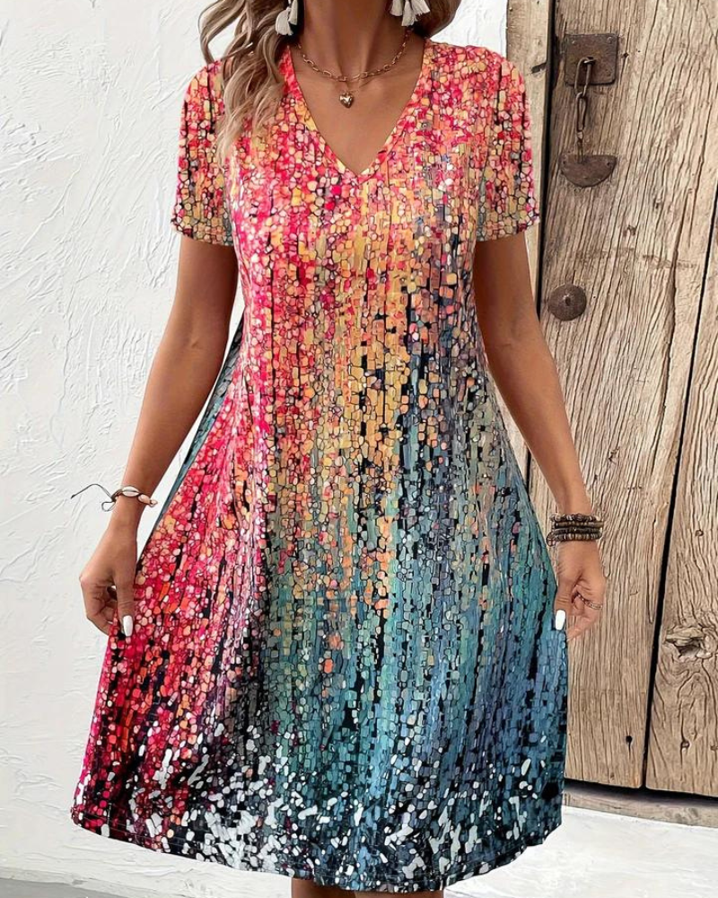 Bedrucktes V-Ausschnitt Midikleid für Damen