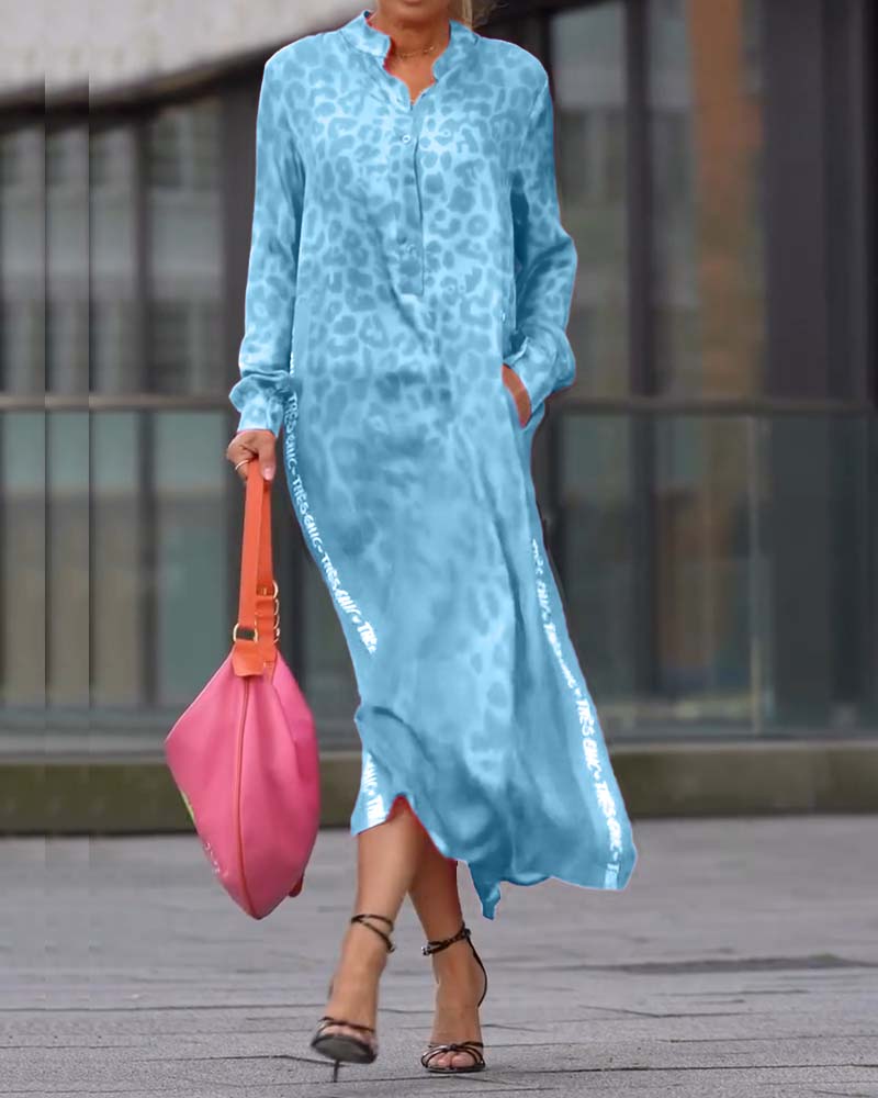 Kleid Langarm Leopardenmuster Schlitz