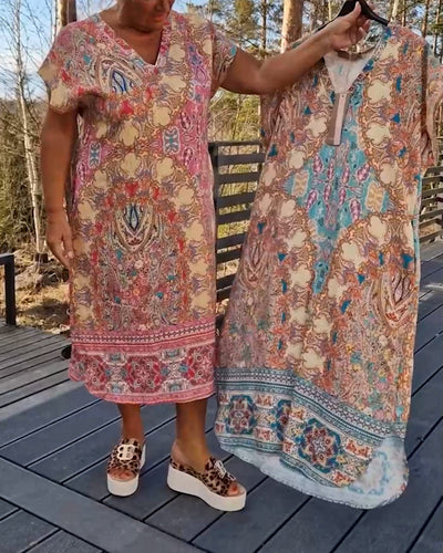 Kleid V-Ausschnitt Kurzarm Bedruckt Gerade