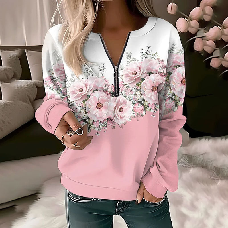 Pullover mit halbem Reißverschluss und Blumenmuster für Frauen