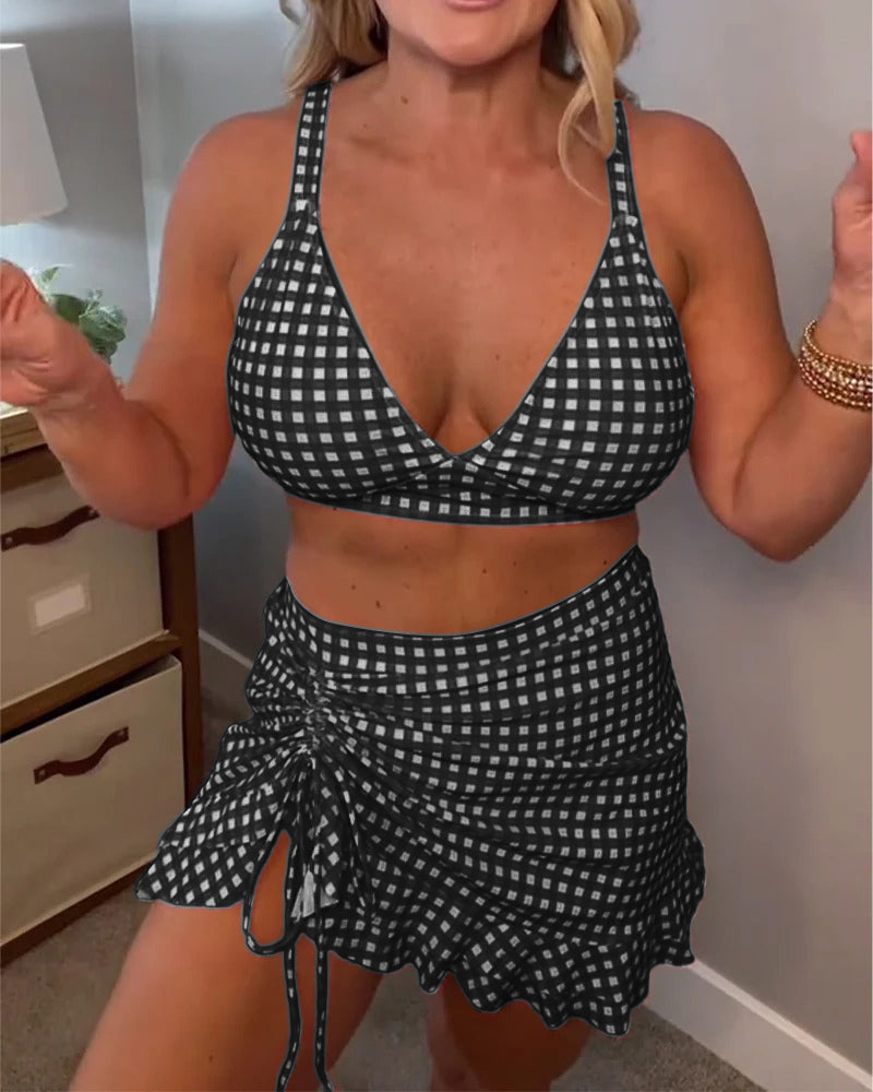 Badeanzug lässiger Träger karierter Druck zweiteilig