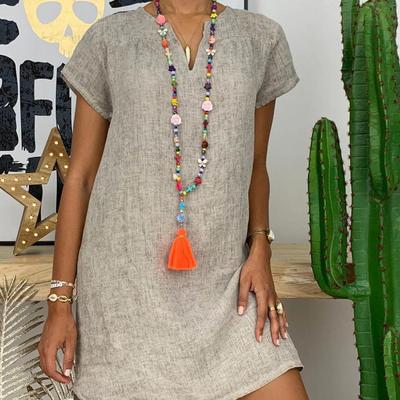 V-Ausschnitt Leinenkleid für Damen