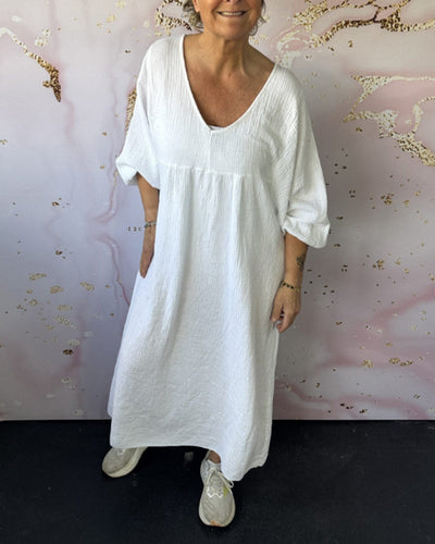 Kleid Waldstil V-Ausschnitt Falten Einfarbig