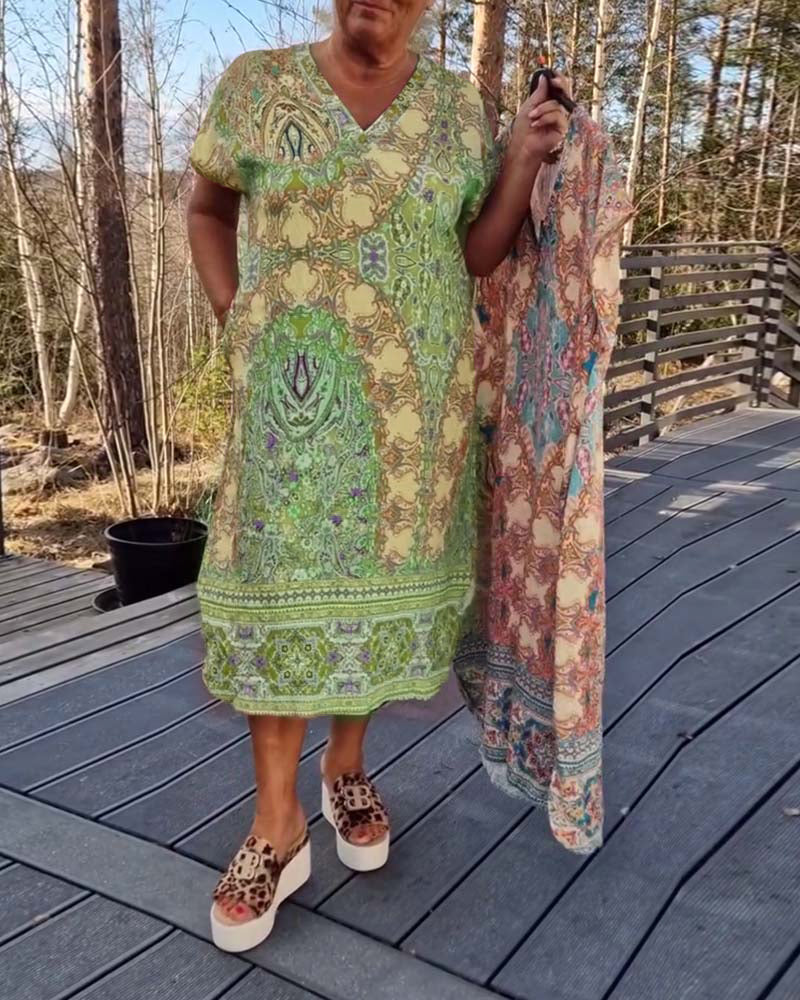 Kleid V-Ausschnitt Kurzarm Bedruckt Gerade