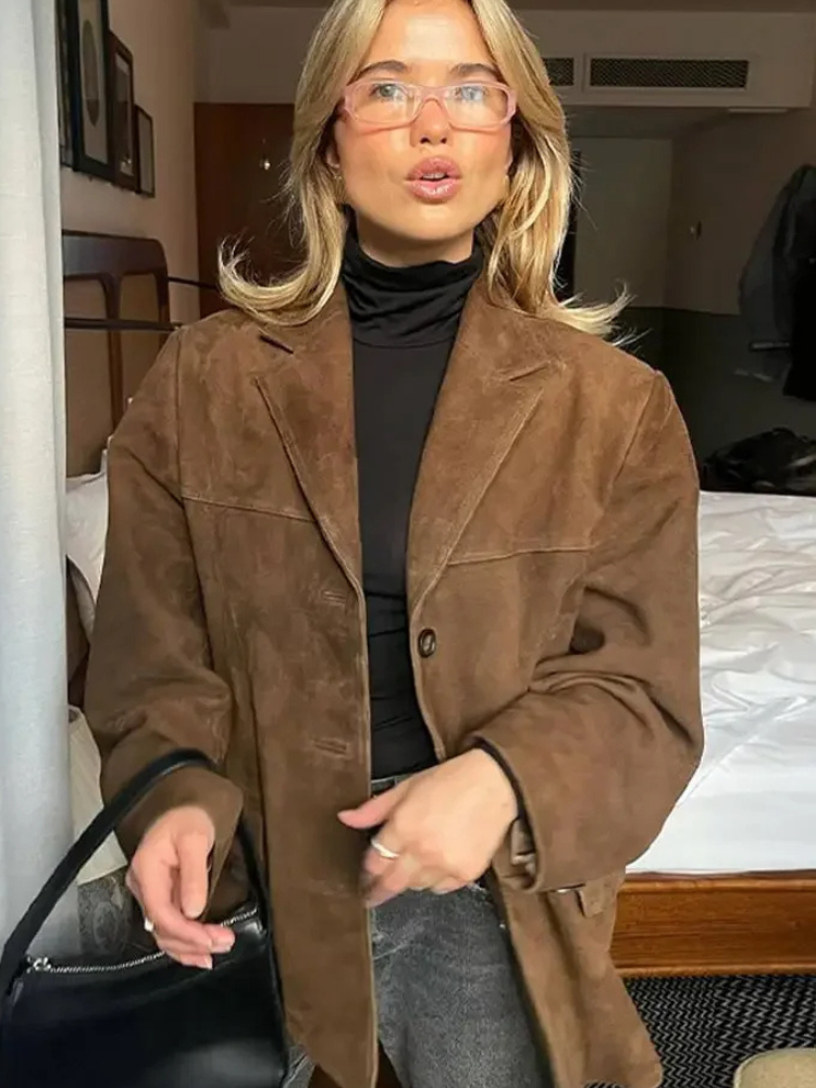 Heidi-Mode | Lederjacke Damen Blazer Modell mit Knopfverschluss und Reverskragen