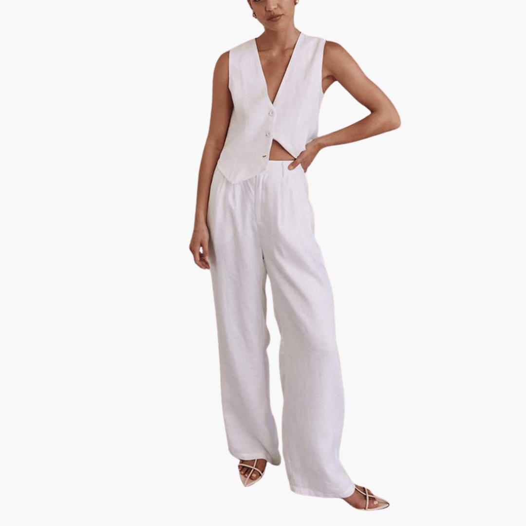 Zweiteiler mit V-Ausschnitt leinen - Damen Sommer Zweiteiler