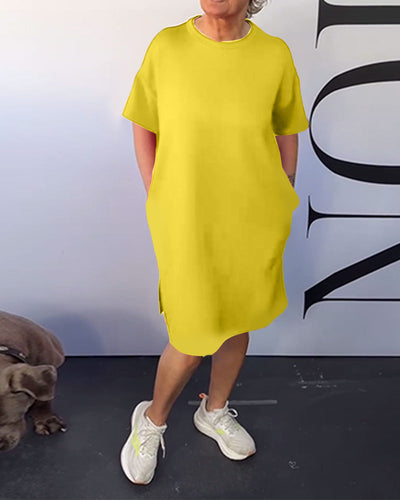 Kleid Rundhalsausschnitt Lässig Kurzarm Einfach