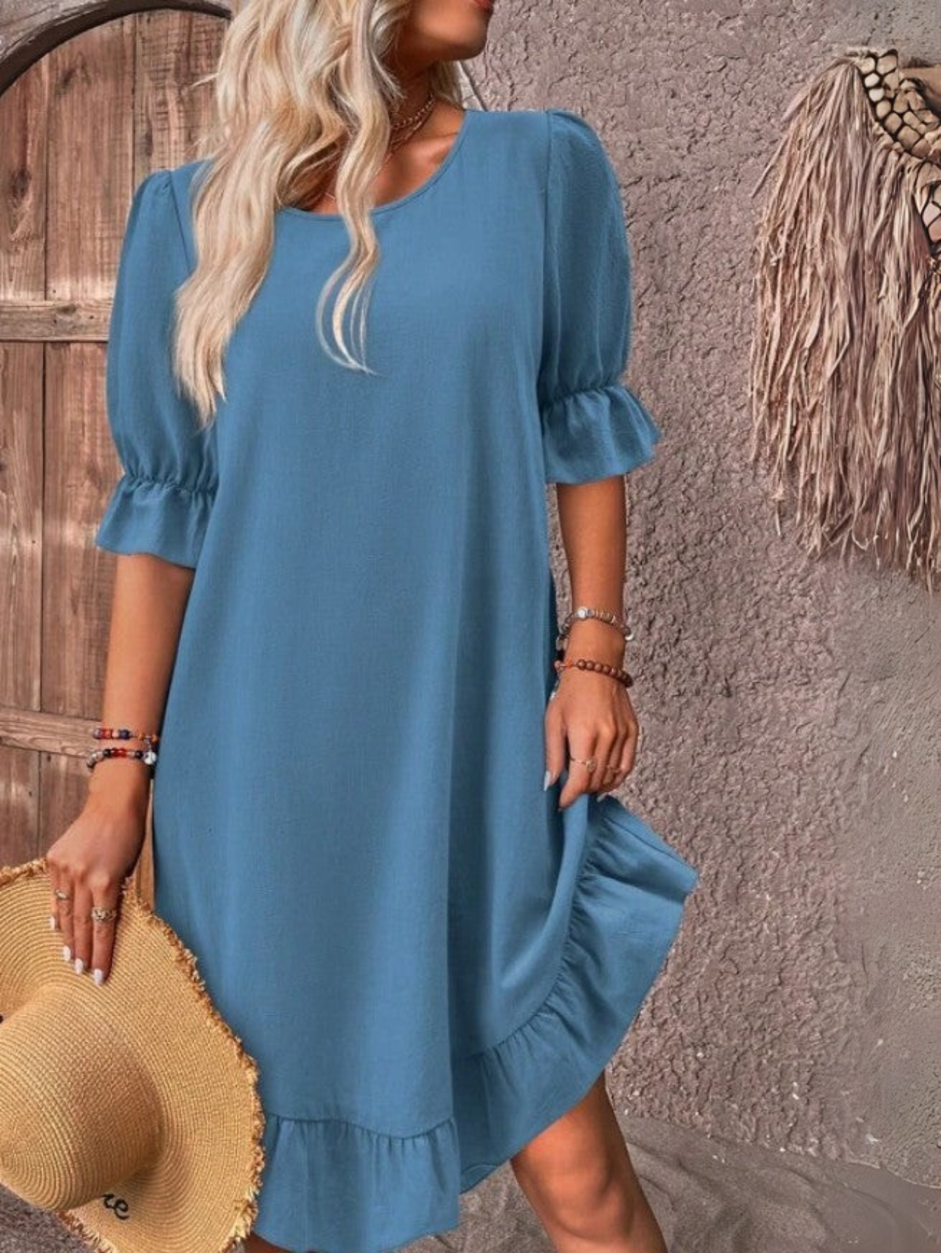 Damen Sommer Halben Ärmeln Leinen Midikleid mit Rüschen