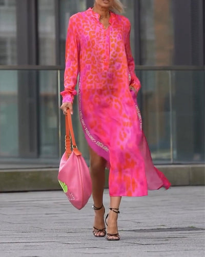 Kleid Langarm Leopardenmuster Schlitz