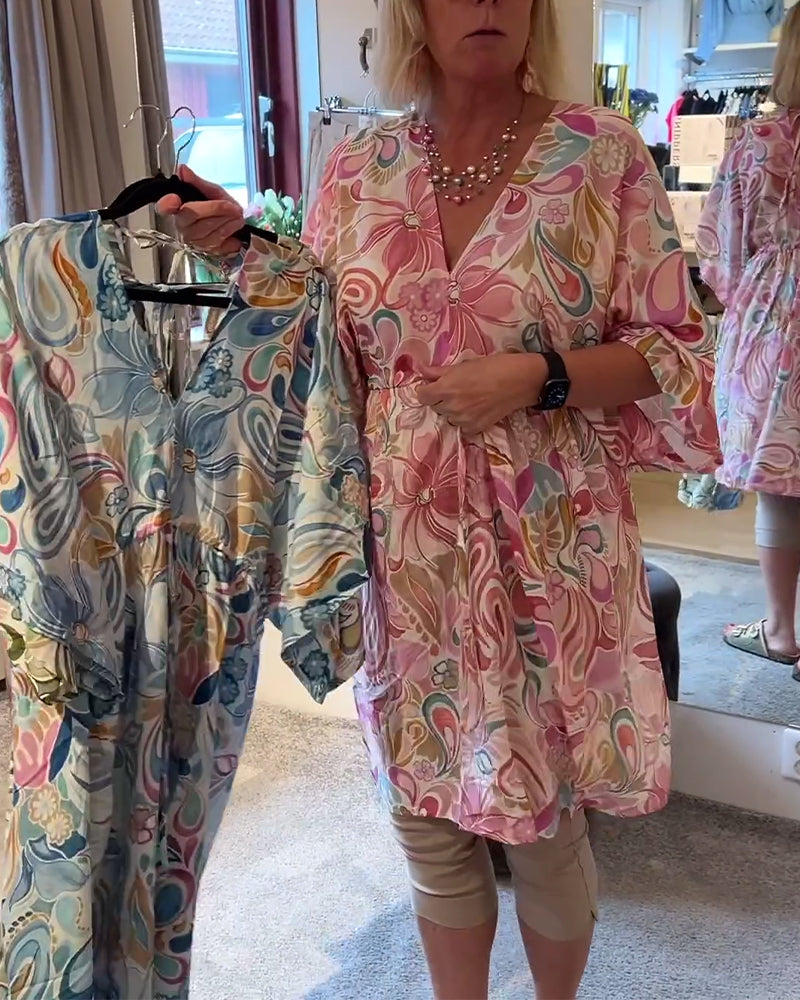 Kleid Halbärmliger V-Ausschnitt Bedruckt