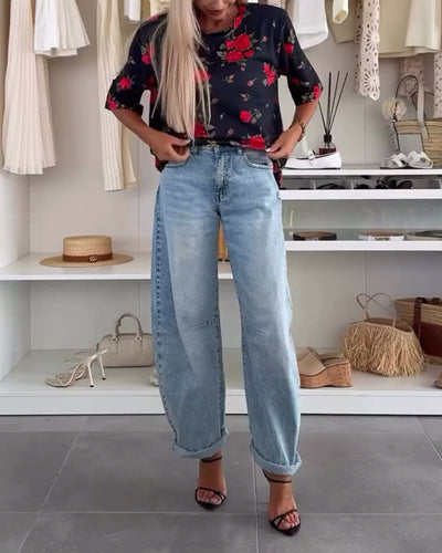 T-Shirt Rundhals Blumenmuster Kurzärmlig