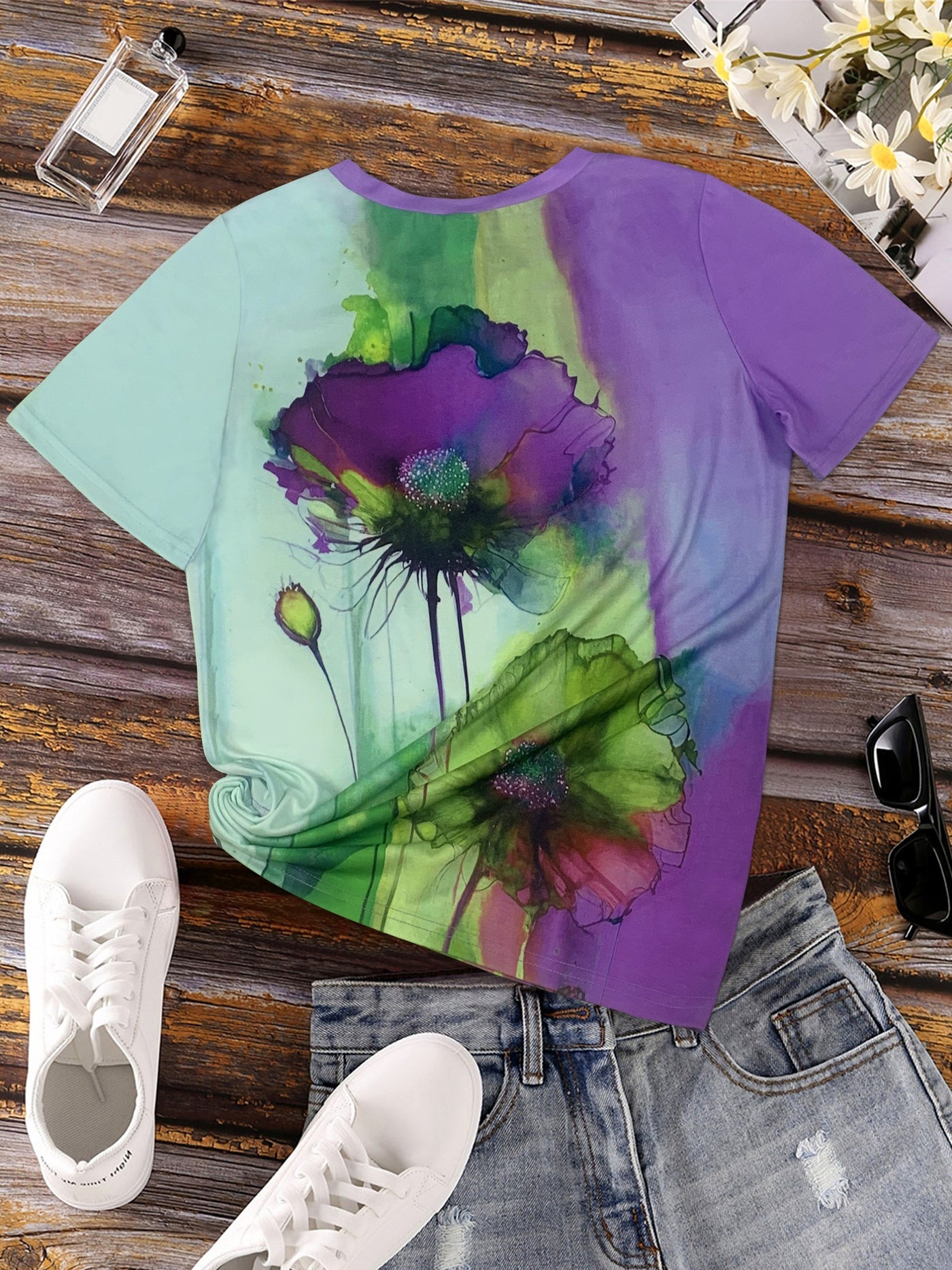 Heidi-Mode | Blumenprint Farbblock T-Shirt mit Kurzarm