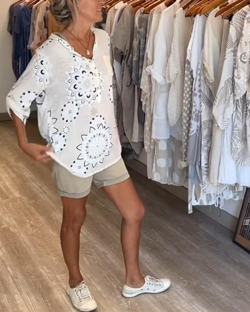 Bluse Vielseitig V-Ausschnitt Bedruckt Halbe Ärmel