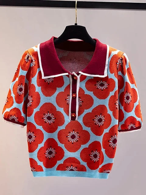 Heidi-Mode | Damen-Crop-Top aus Strick mit Puffärmeln und Blumenmuster