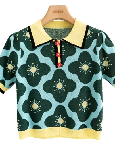 Heidi-Mode | Damen-Crop-Top aus Strick mit Puffärmeln und Blumenmuster