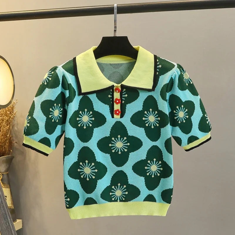 Heidi-Mode | Damen-Crop-Top aus Strick mit Puffärmeln und Blumenmuster