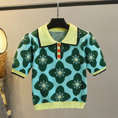 Heidi-Mode | Damen-Crop-Top aus Strick mit Puffärmeln und Blumenmuster