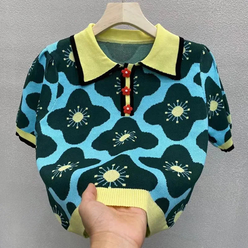 Heidi-Mode | Damen-Crop-Top aus Strick mit Puffärmeln und Blumenmuster