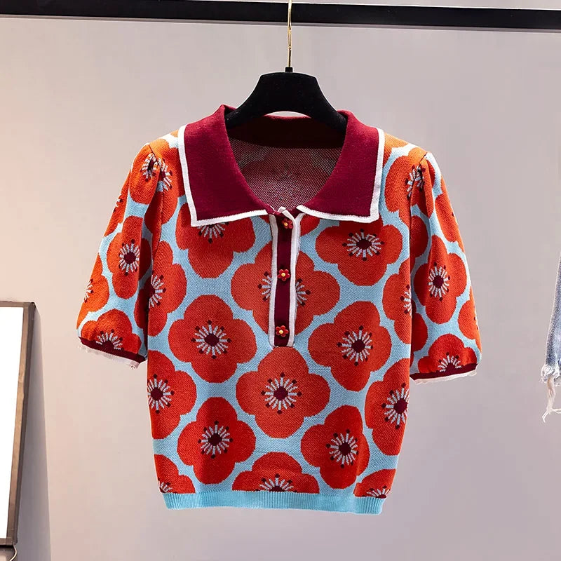 Heidi-Mode | Damen-Crop-Top aus Strick mit Puffärmeln und Blumenmuster