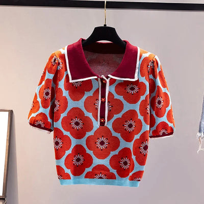 Heidi-Mode | Damen-Crop-Top aus Strick mit Puffärmeln und Blumenmuster