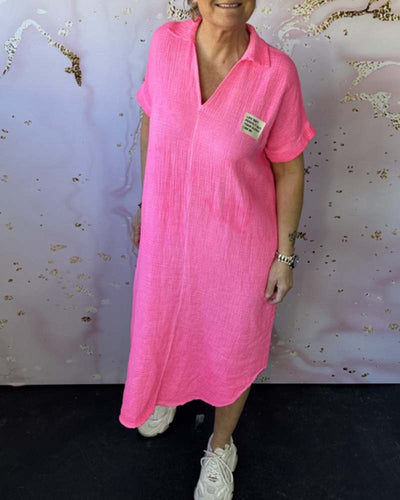 Kleid V-Ausschnitt Gefaltet Einfarbig Lang