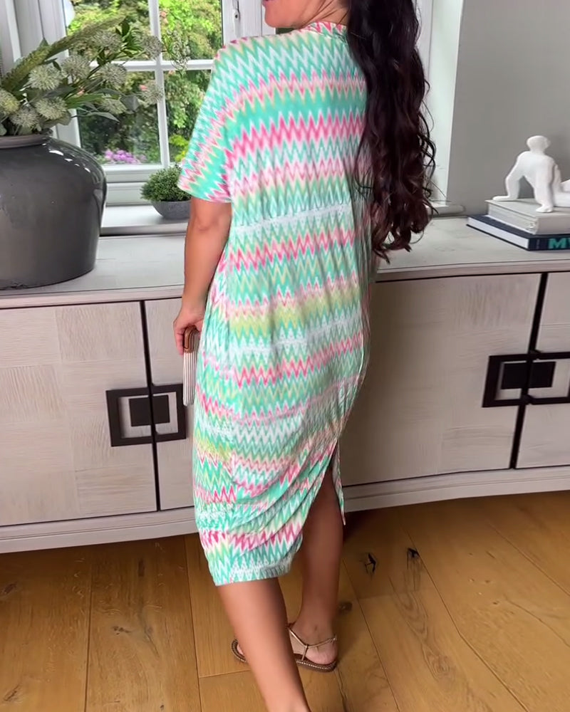 Kleid lässig Wellendruck Schlitz V-Ausschnitt