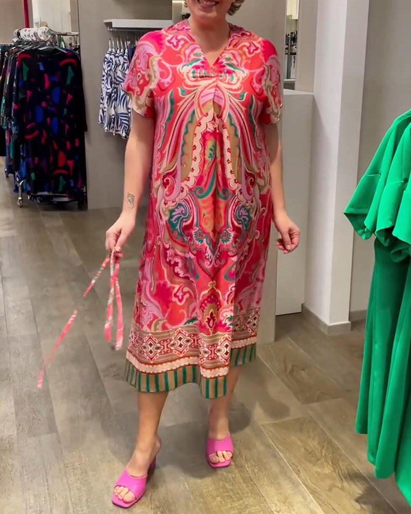 Kleid V-Ausschnitt Bedruckt Kurzärmelig Locker