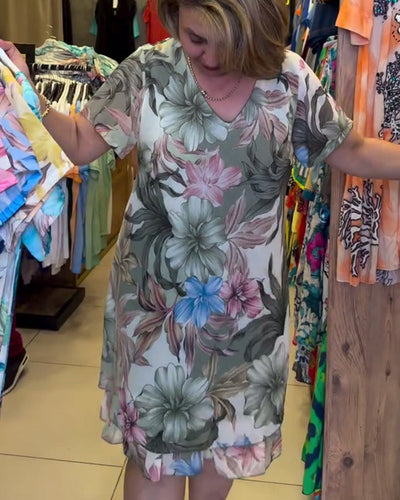 Kleid V-Ausschnitt Blumen Kurzärmlig Druck