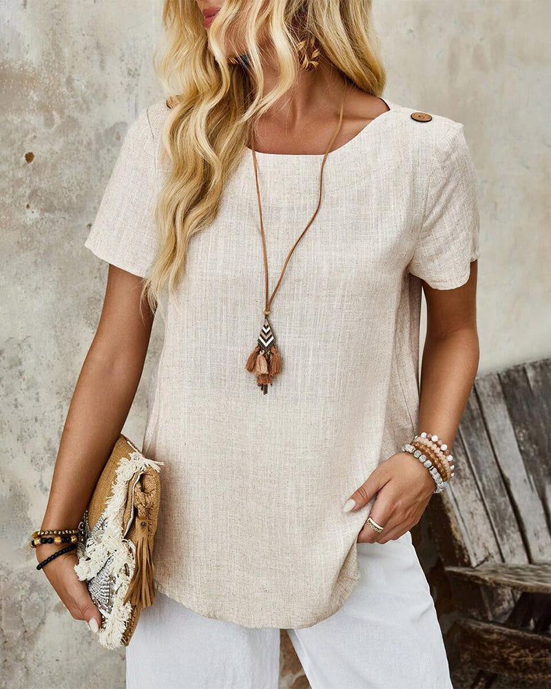 T-Shirt Rundhals Baumwolle Und Leinen Kurzärmlig