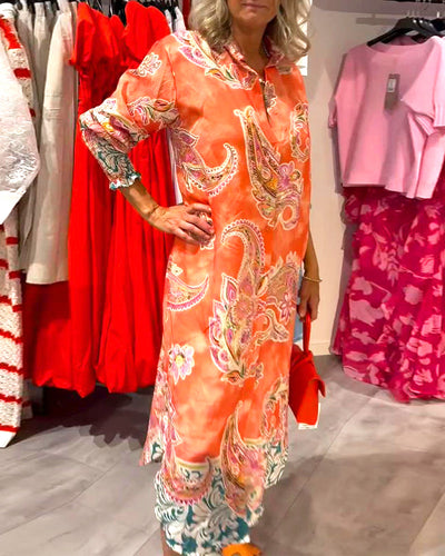 Kleid Stehkragen Langarm Cashew Druck