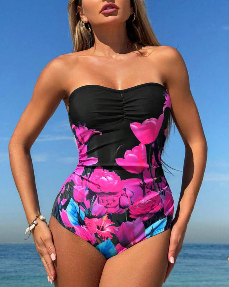 Badeanzug Bandeau Blumenmuster Einteiler