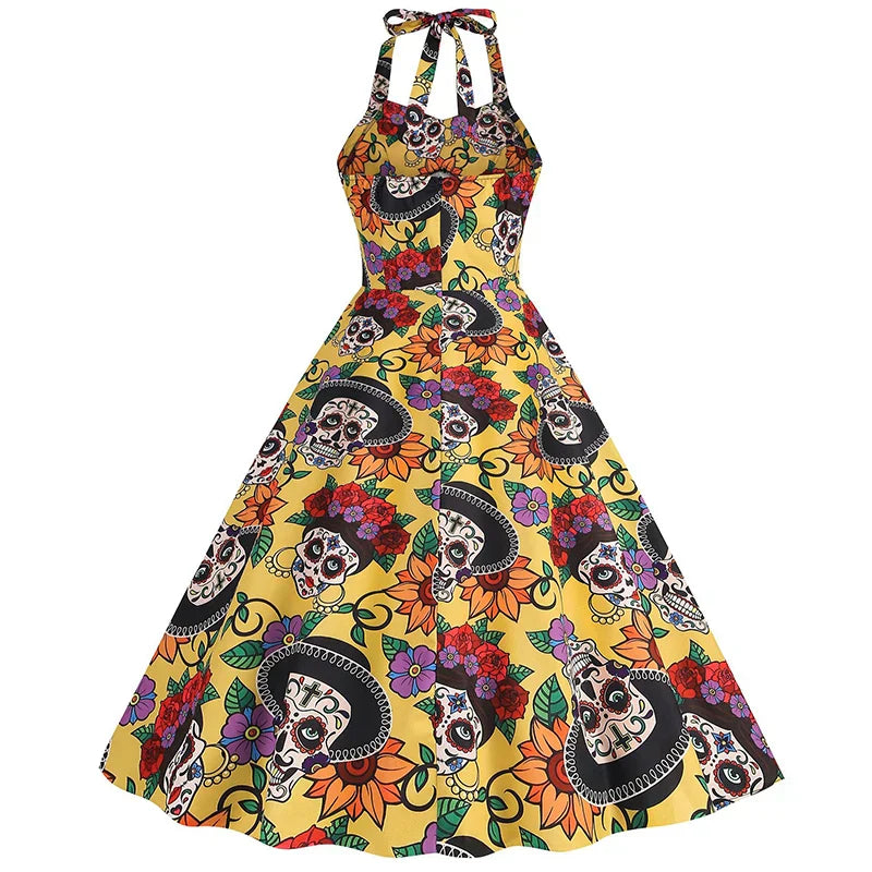 Halloween Kostüm Kleid mit Totenkopf Druck | Midi