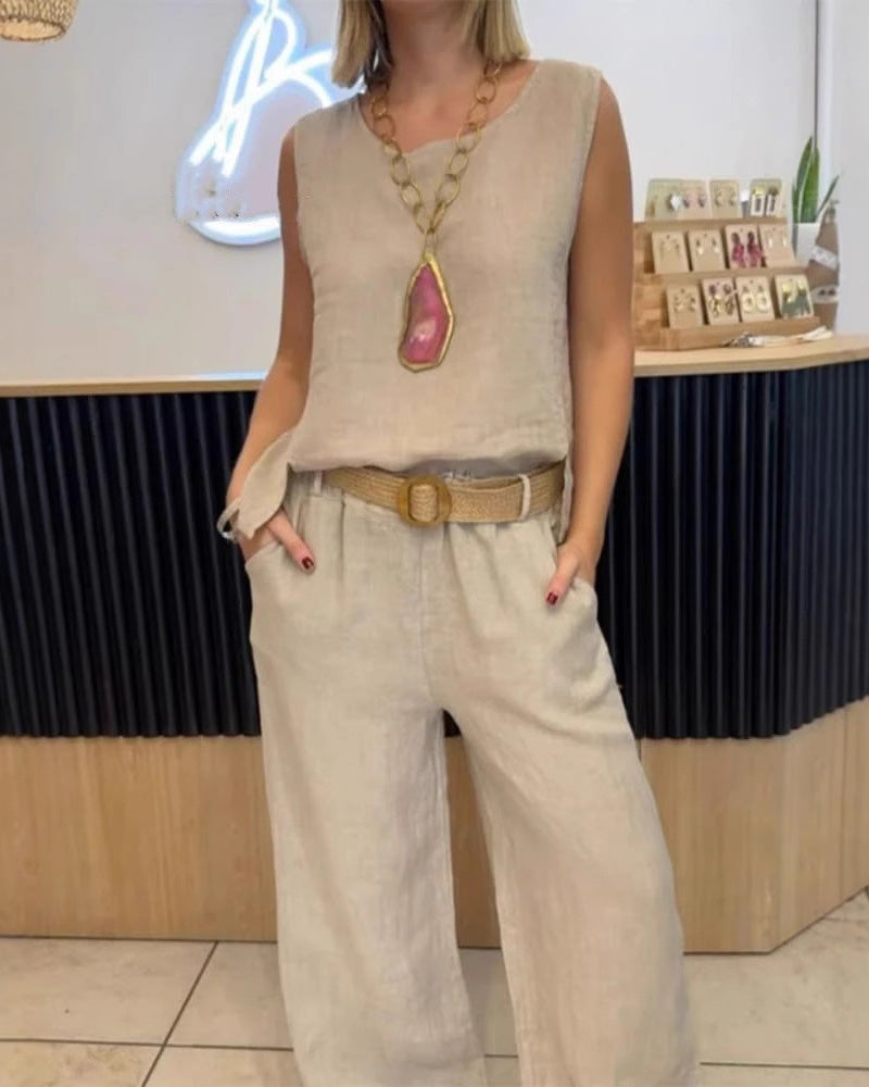 Set Baumwolle Und Leinen Uni-Farben Ärmellose Hose