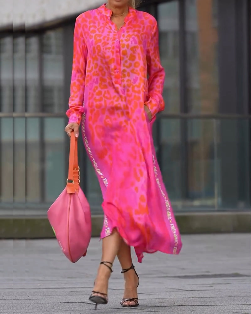 Kleid Langarm Leopardenmuster Schlitz