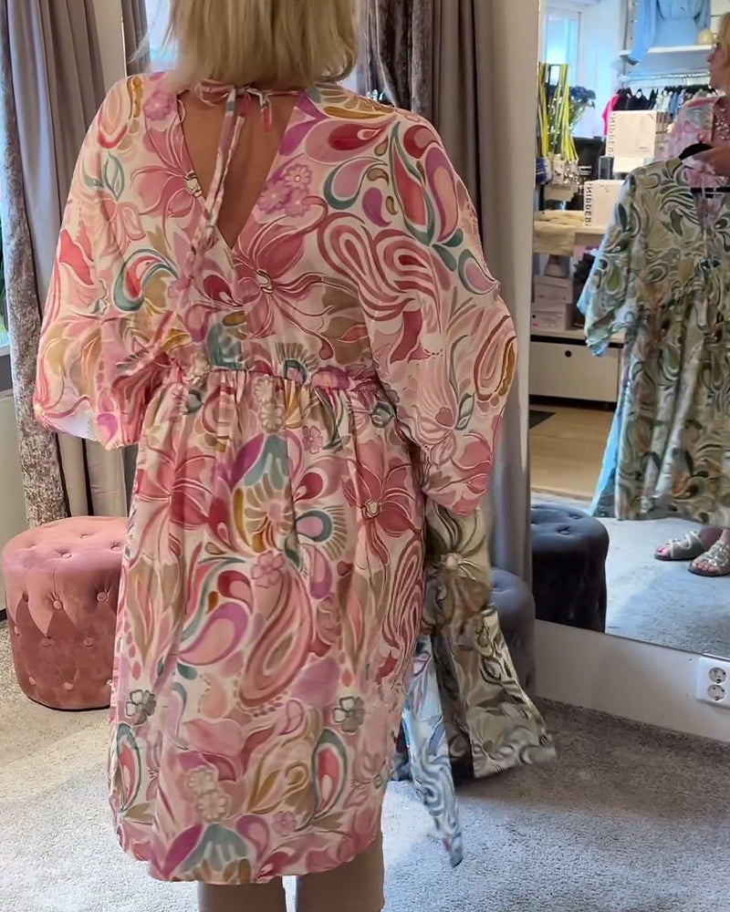 Kleid Halbärmliger V-Ausschnitt Bedruckt