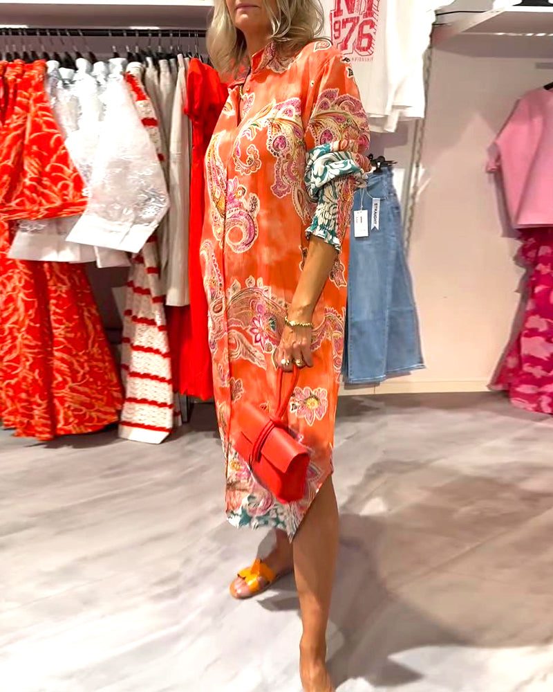 Kleid Stehkragen Langarm Cashew Druck