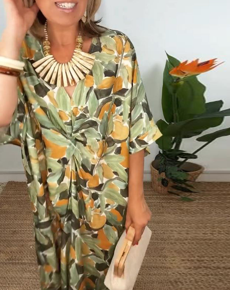 Kleid V-Ausschnitt Falten Print