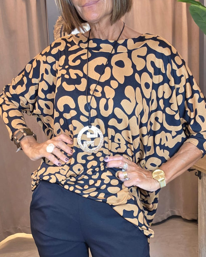 Bluse Runder Hals Fledermausärmel Druck